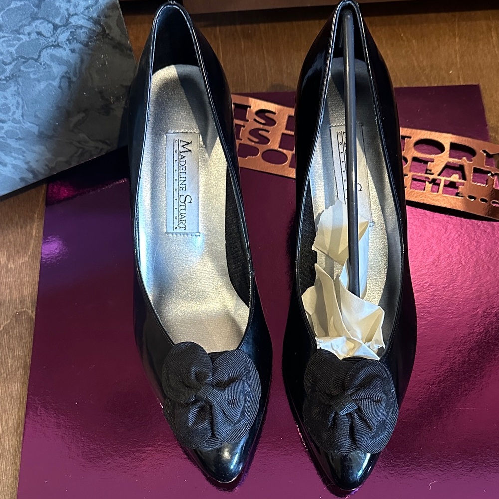 Madeline Stuart Black Patent Heels with Rose Floral Accent